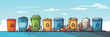 Multicolored trash containers isolated, sorting and recycling trash, banner illustration