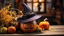 Pumpkins, Broomsticks, And Magical Objects Are Used In Halloween Compositions.