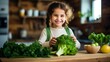© Roma - Fresh green vegetables are being consumed by a young girl in a real kitchen setting.