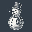 Snowman with hat. Vintage woodcut engraving style hand drawn vector illustration.