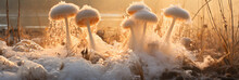 Puffball Mushrooms In The Moment Of Spore Release, High - Speed Capture To Freeze The Burst Of Spores, Backlit By Golden Hour Sunlight