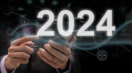 Poster - Business increase arrow graph corporate future growth year 2023 to 2024. Planning,opportunity, challenge and business strategy.