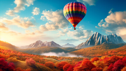 Wall Mural - hot air balloon flying over colorful mountain valley with colorful clouds