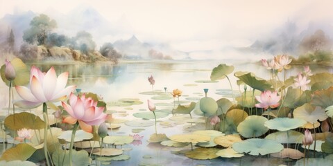 A painting of water lillies and lotuses in a pond. Tranquil lotus flowers on the pond.