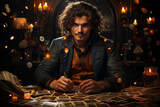 Fototapeta  - An attractive magician with his cards in his magic room looks at the camera