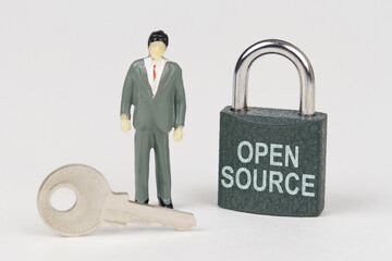 Aufkleber - On a white surface there is a figurine of a businessman, a key and a lock with the inscription - open source