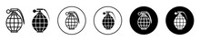 Fragmentation Grenade Icon. Military Hand Grenade Bomb With Pin Symbol Set. Fragmentation Of Explosive Ammo Vector Sign. Combat Hand Grenade Line Logo 