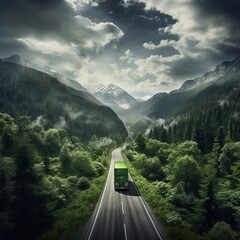 Green truck in the mountain road