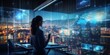 A businesswoman in a sleek, modern office, gesturing to floating holographic data streams and augmented reality panels displaying charts and analytics, the skyline of a futuristic city visible