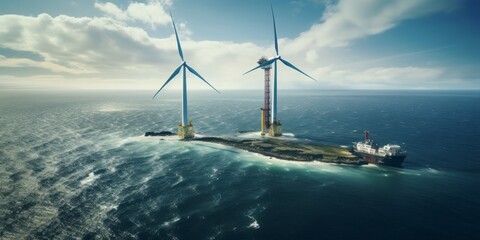 Aufkleber - Efficient Offshore Wind Power Generation: A Crane's Precise Work near Gigantic Eco-Friendly Wind Turbines under a Clear and Serene Sky in a Vast Offshore Windpark