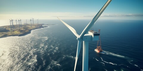 Aufkleber - Efficient Offshore Wind Power Generation: A Crane's Precise Work near Gigantic Eco-Friendly Wind Turbines under a Clear and Serene Sky in a Vast Offshore Windpark
