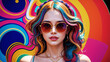 Hübsche Fashion-Frau mit bunten Haaren und Sonnenbrille vor farbenfrohem Hintergrund auf einem LGBTQ-Festival für Frieden