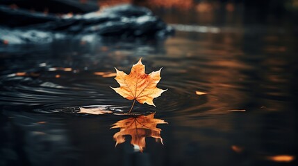 Wall Mural - The river is filled with dark autumn water and a maple leaf floating on top.