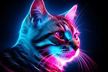 poster with cat head in in neon colors isolated on black background