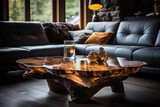 Fototapeta  - Obraz przedstawiający ładny gruby stół drewniany w salonie klimatycznym przy swiecach