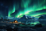 Fototapeta  - widok zorzy polarnej nad jeziorem pod namiotem