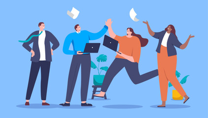 Aufkleber - Happy businesspeople smiling and celebrating - Group of business characters doing high five and cheering for success and job well done. Flat design vector cartoon illustration