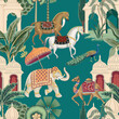 Horses, Indian elephant, camel, peacock, palm trees and architecture seamless pattern.  Oriental vintage wallpaper.