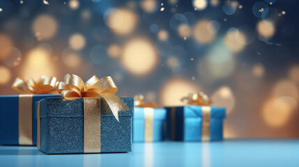 Wall Mural - blue and golden shiny gift boxes with gorgeous warm lights bokeh in the background