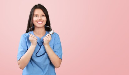 Poster - Image of young doctor smiling on color background.