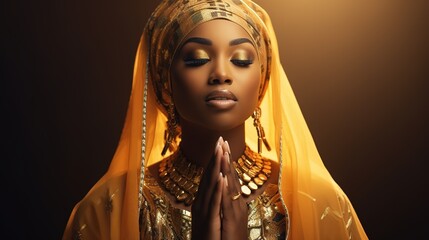 Beautiful black woman dressed in luxurious traditional golden African attire, captured in a moment of prayer. Ideal for cultural, elegance, and spirituality-themed projects