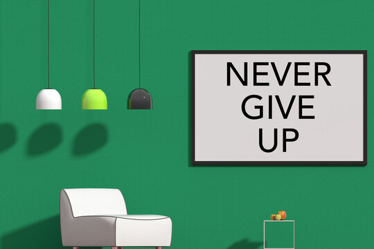 Modellazione e rendering 3d di una parete e pavimento colorate con quadro  e testo NEVER GIVE UP