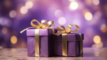 Wall Mural - lilac and golden shiny gift boxes with gorgeous warm lights bokeh in the background