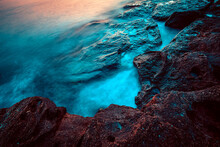 Mysterious Marine Landscape At Sunset, Wallpaper. Nature, Sea, Water And Stone. 