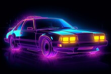 Futuristic Car With Neon Backlight Contours In Cyberpunk Retro Wave Style. Generative AI