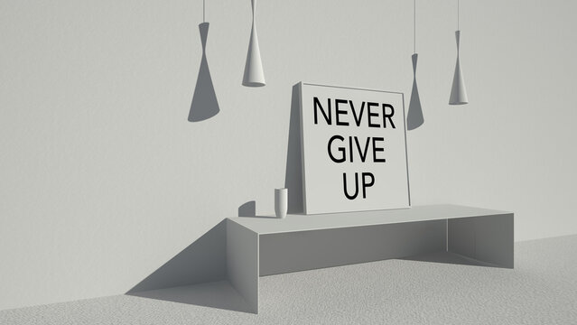 Modellazione e rendering 3d di una parete e pavimento bianche con quadro  e testo NEVER GIVE UP