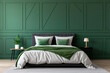 Modern bedroom with a bed featuring green bedding, a white wall with black wainscoting, and a stylish poster