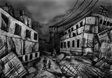 Fototapeta Na sufit - Destroyed buildings, sketch - digital painting 