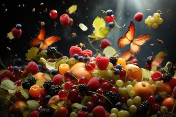 Wall Mural - Appetizing fresh background on the theme of healthy fruits