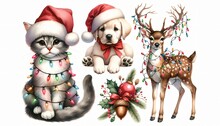 Sticker Set With Kitten Wrapped In Garland, Puppy In Santa Hat, Festive Reindeer And Decorations On Clear White Background. New Year And Christmas Watercolor Illustration. Elements For Design, Print