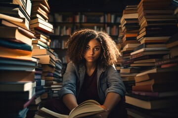 Wall Mural - diverse young woman with piles of books in library. Pressure of university education for girls.