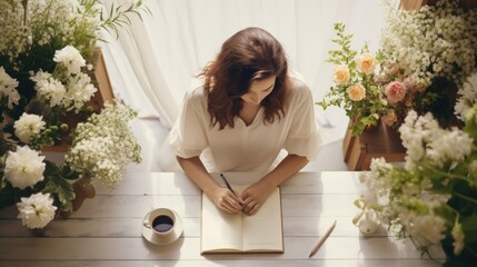 Canvas Print - A woman sitting at a table writing in a notebook