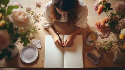 Canvas Print - A woman sitting at a table writing in a notebook