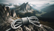 Image d'une corde de survie tressée en nylon, étalée sur une roche avec un paysage montagneux en arrière-plan. Quelques noeuds d'escalade sont visibles le long de la corde.