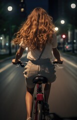 Sticker - A woman riding a bike down a street at night