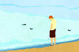 Ilustracja samotny młody mężczyzna z opuszczoną głową i rękami w kieszeniach na plaży nad wodą.