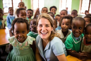 A Joyous Scene: Smiling Children and Teacher in a Classroom