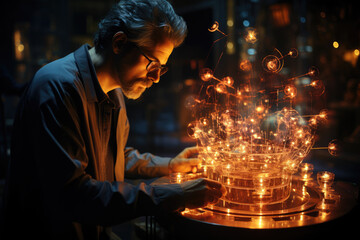 Poster - a scientist conducting quantum experiments, exploring the potential links between quantum physics an
