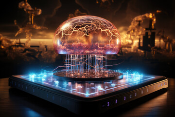 Aufkleber - A brain scan overlaid with quantum equations, suggesting the interplay between quantum processes and neural activity. Generative Ai.