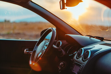 Canvas Print - Interior of car with steering wheel at sunset, travel concept