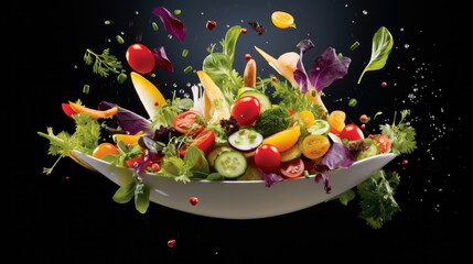 Wall Mural -  a bowl of mixed vegetables being tossed into the air with a black background.  generative ai