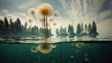 Wall Mural -  a picture of a lake with a bunch of dandelions floating in it.  generative ai