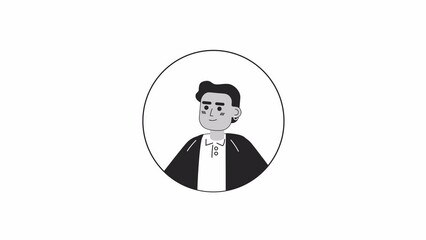 Poster - Hoop earring black young man relaxed standing black and white 2D avatar animation. Cheerful african american guy outline cartoon 4K video, alpha channel. Confident headshot animated portrait isolated