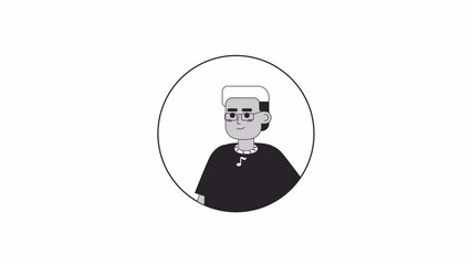 Poster - Eyeglasses black guy waving hand greeting black and white 2D avatar animation. Handwave bleached hair african american man outline cartoon 4K video, alpha channel. Welcome animated portrait isolated