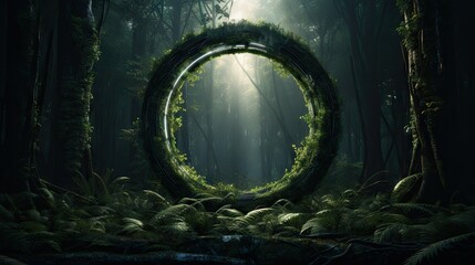 Wall Mural -  a circle of moss in the middle of a forest filled with trees.  generative ai