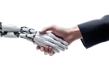 Poster - AI Cyborg Robot shaking hands with businessman, isolated on white background